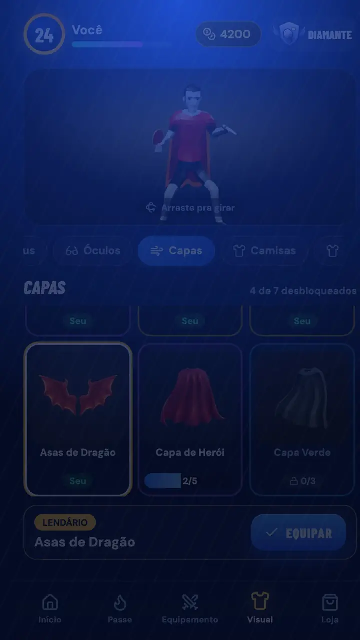 Tela de customização com fantasias de dragão, astronauta e robô